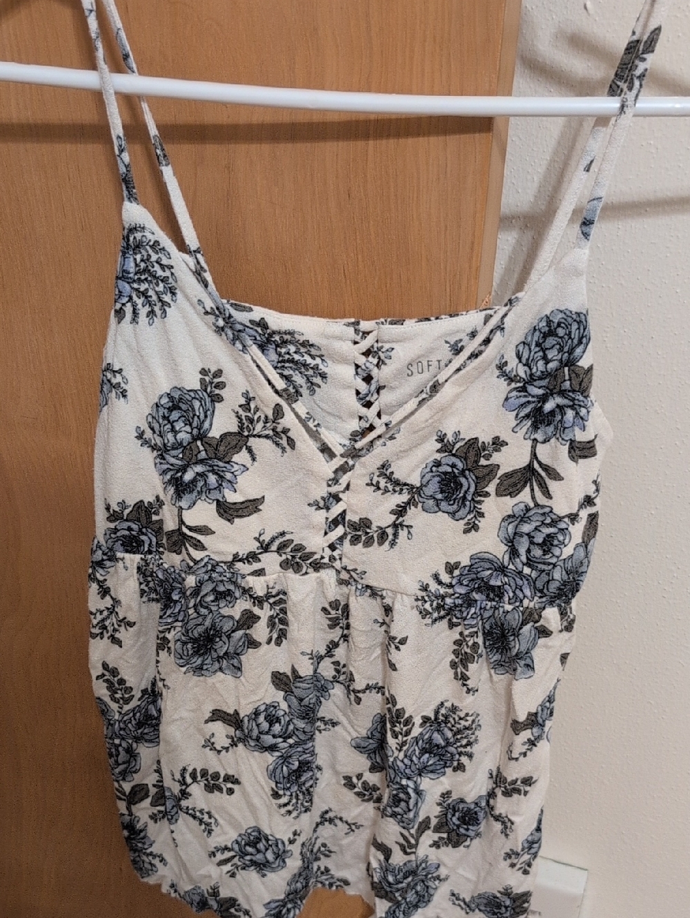 American Eagle Babydoll Cream Tank with Blue Floral Lace-Up Front